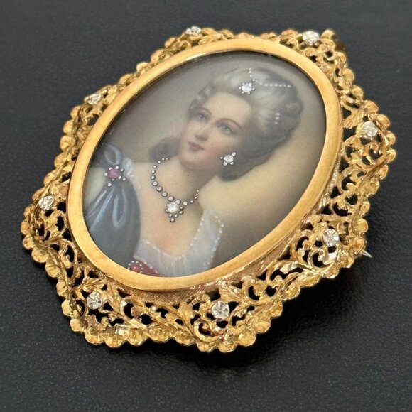 18K Yellow Gold Antique Intricate Filigree Diamond Portrait Cameo Pin Pendant - Picture 4 of 15